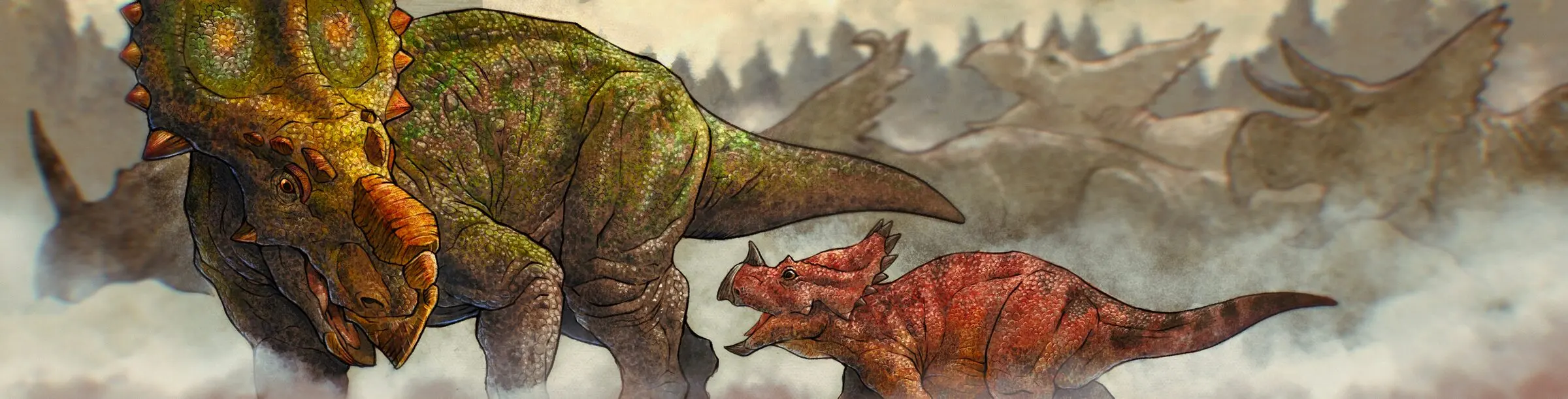 A ceratopsid and its calf walk ahead of a vast herd fading into the mist.
